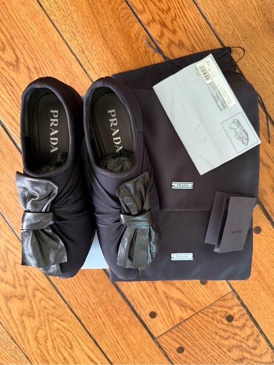 Prada Shoes - Prada Black Satin Slip-On Sneakers with Metallic Black Bow New